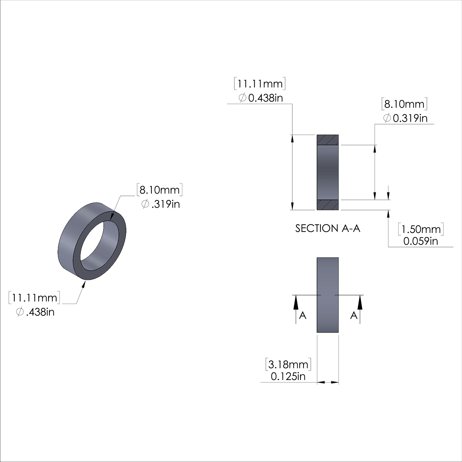 Aluminum Spacer 7/16'' OD x .319'' ID x 1/8'' Long
