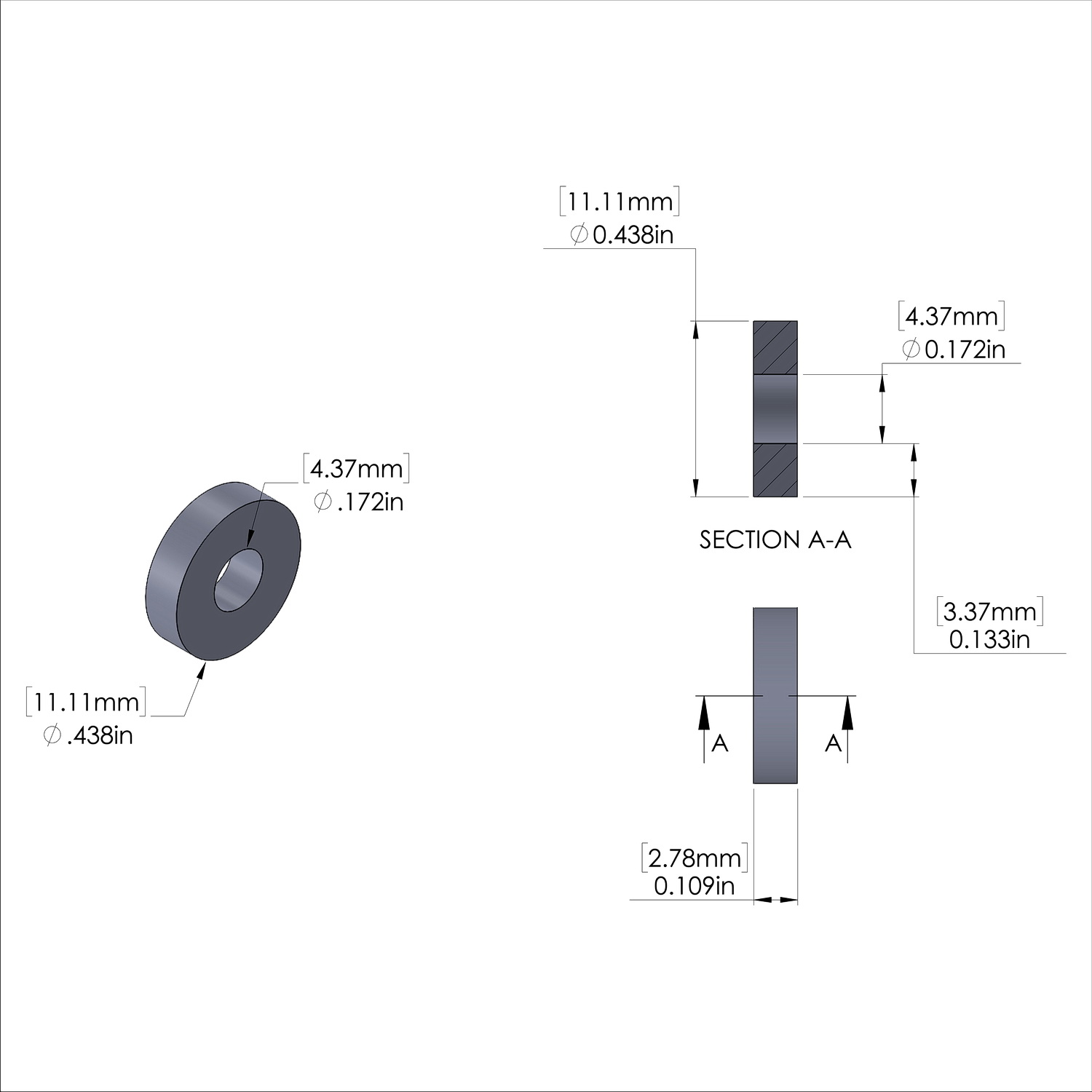 Aluminum Spacer 7/16'' OD x .172'' ID x 7/64'' Long, Plain Aluminum Finish