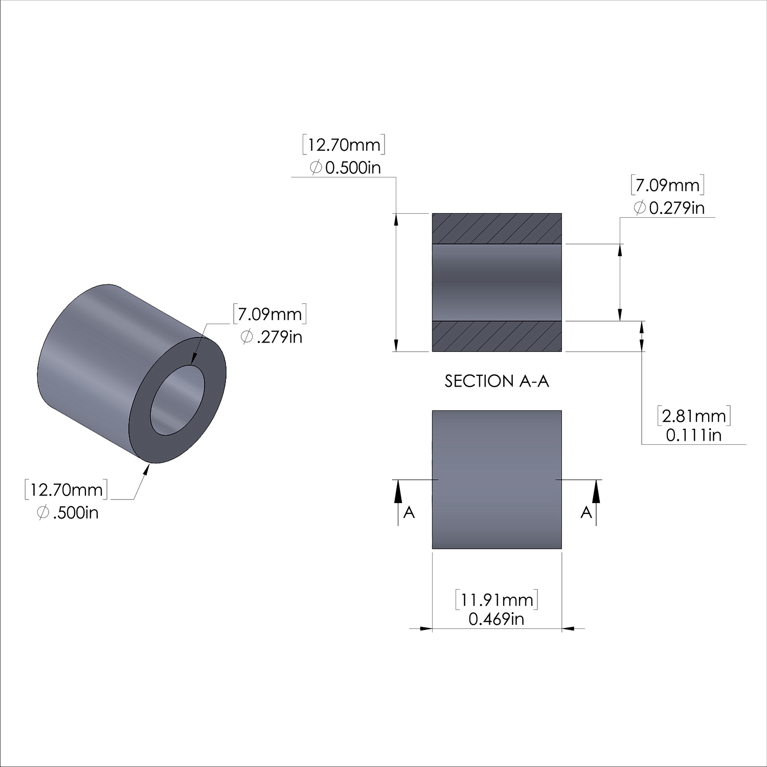 Aluminum Spacer 1/2'' OD x .279'' ID x 15/32'' Long