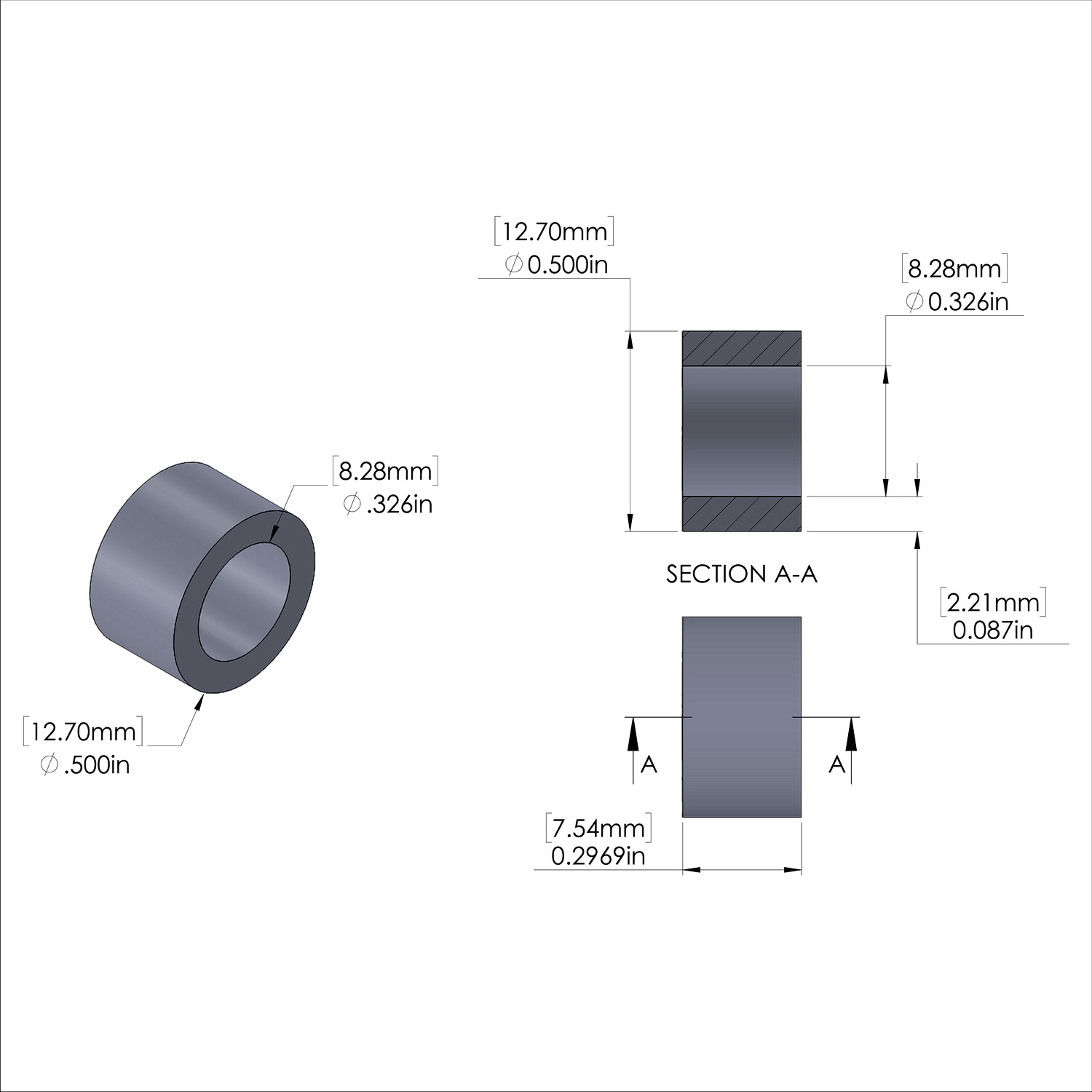 Aluminum Spacer 1/2'' OD x .326'' ID x 19/64'' Long