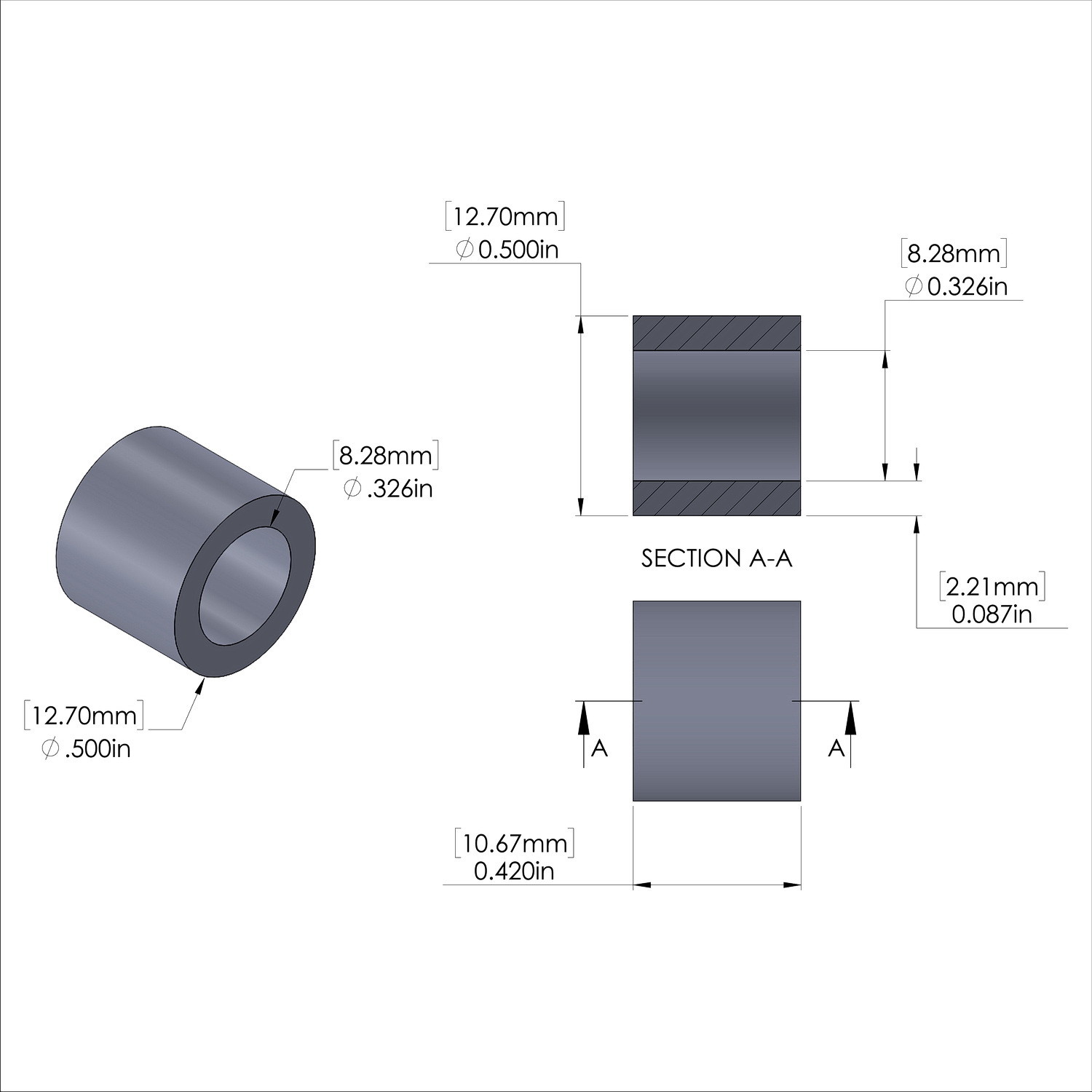 Aluminum Spacer 1/2'' OD x .326'' ID x .420'' Long, Plain Aluminum Finish