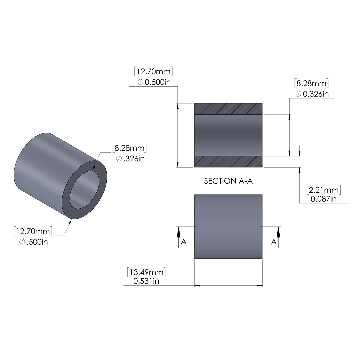 Aluminum Spacer 1/2'' OD x .326'' ID x 17/32'' Long