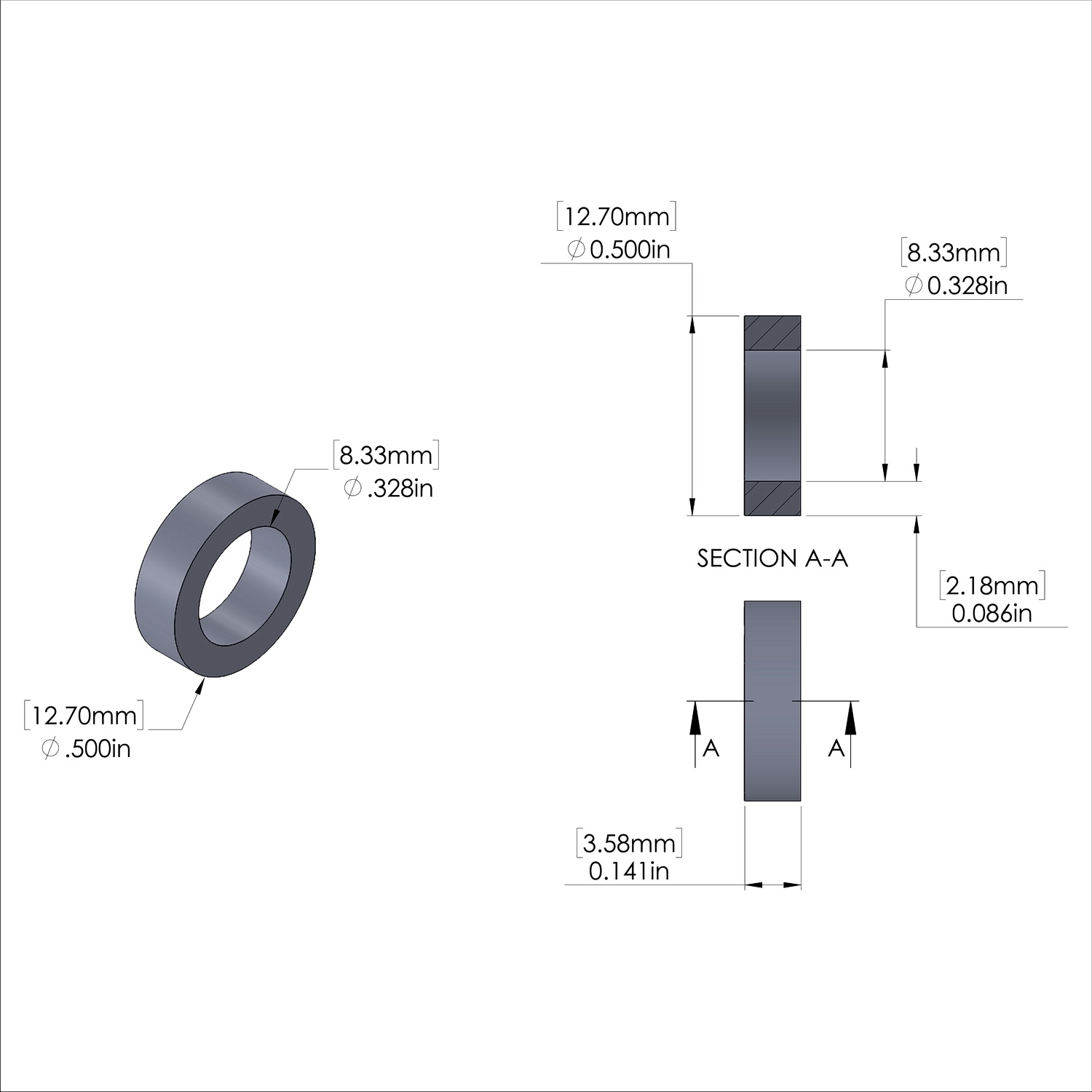 Aluminum Spacer 1/2'' OD x .328'' ID x .141'' Long, Plain Aluminum Finish