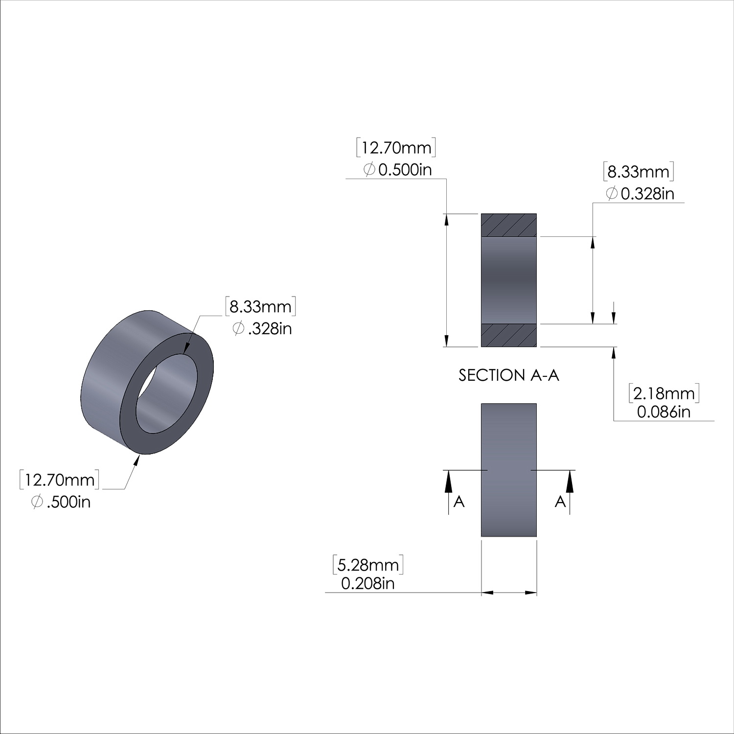 Aluminum Spacer 1/2'' OD x .328ID x .208'' Long, Plain Aluminum Finish