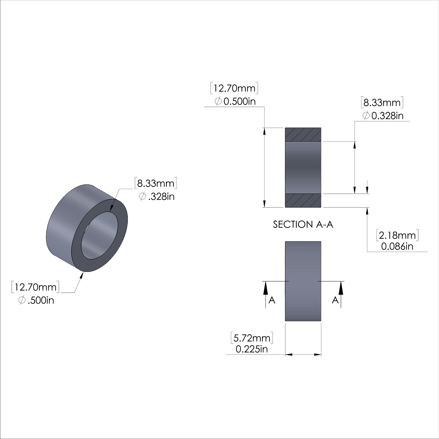 Aluminum Spacer 1/2'' OD x .328ID x .225'' Long, Plain Aluminum Finish
