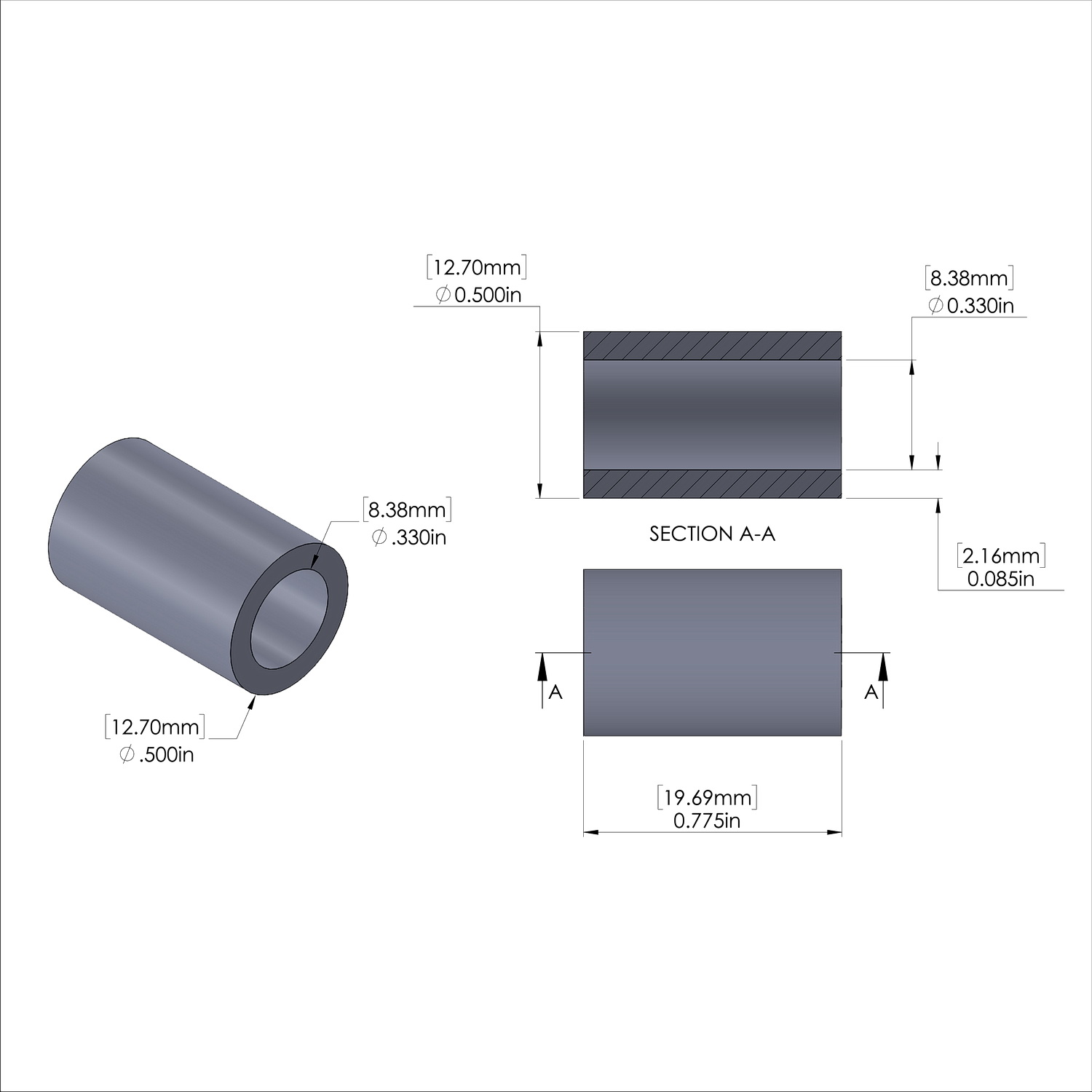 Aluminum Spacer 1/2'' OD x .330'' ID x .775'' Long, Plain Aluminum Finish