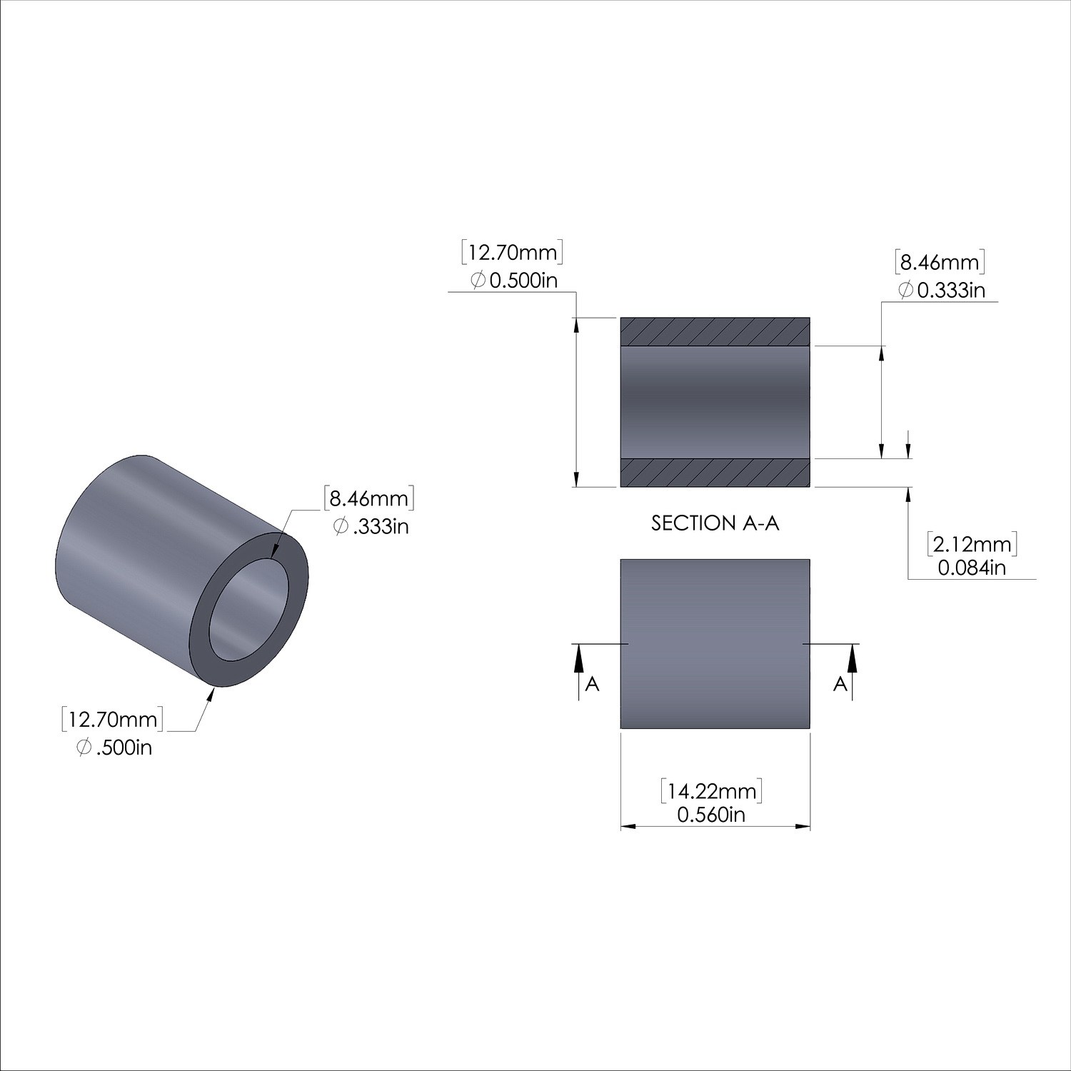 Aluminum Spacer 1/2'' OD x .333ID x .560'' Long, Plain Aluminum Finish
