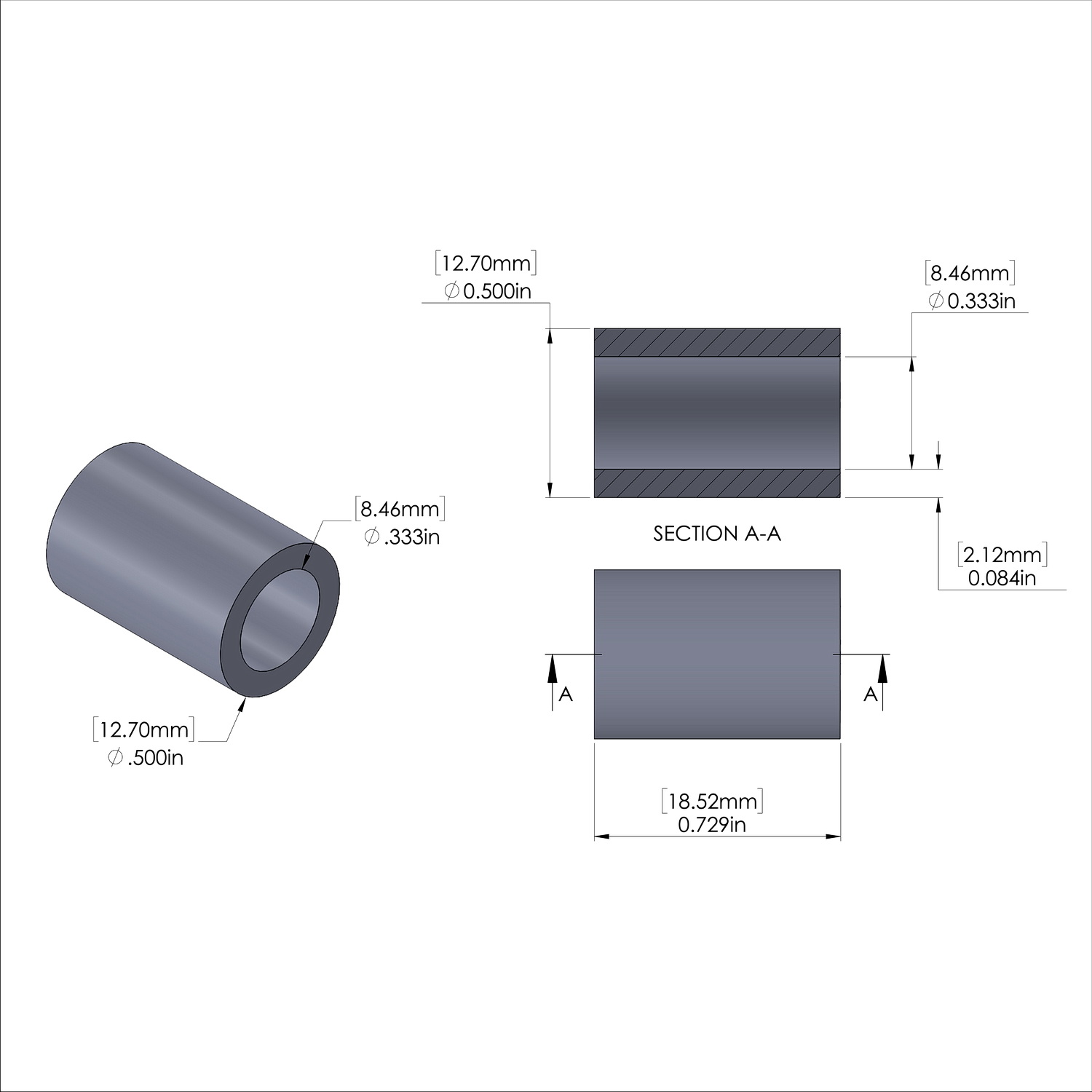 Aluminum Spacer 1/2'' OD x .333'' ID x .729'' Long, Plain Aluminum Finish