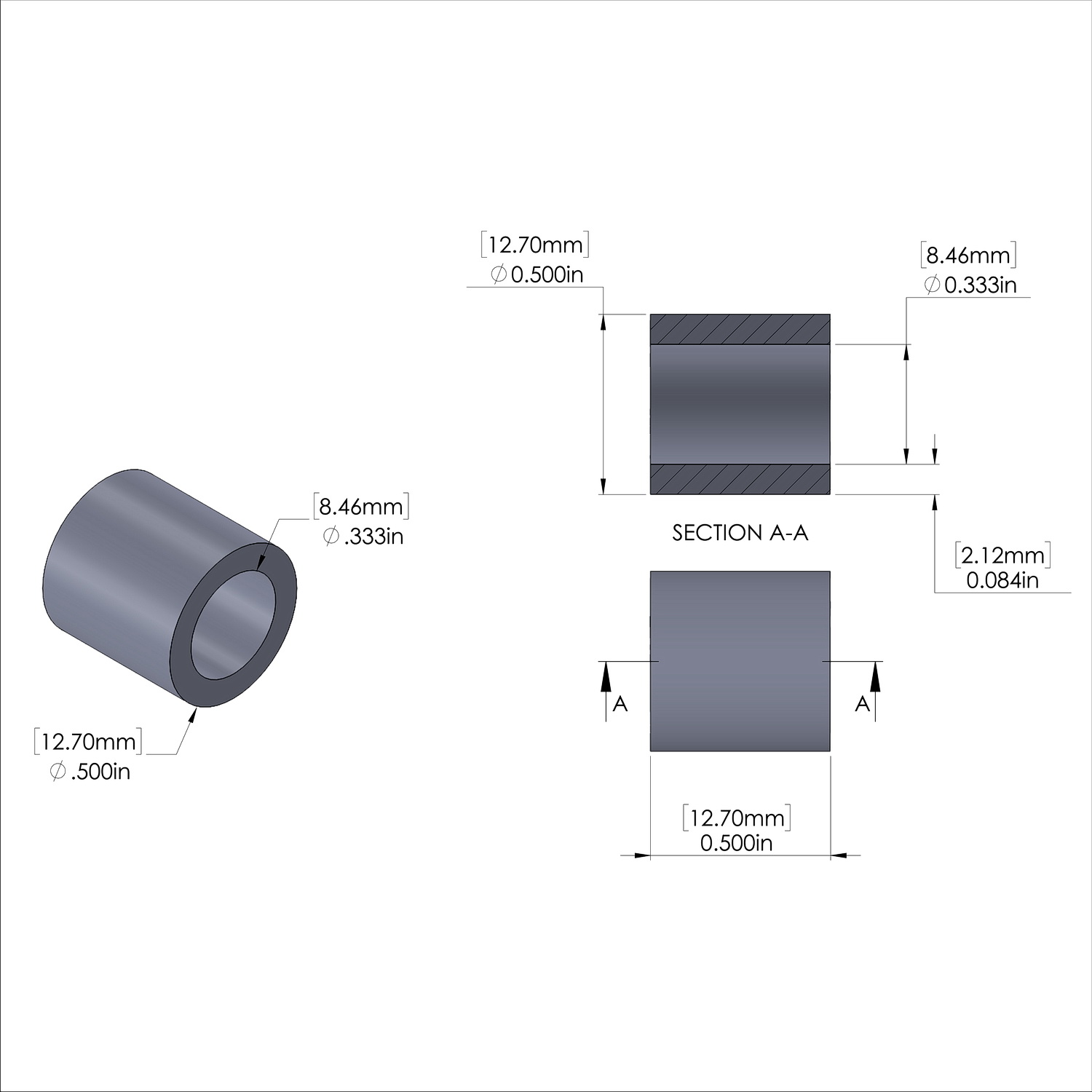 Aluminum Spacer 1/2'' OD x .333'' ID x 1/2'' Long