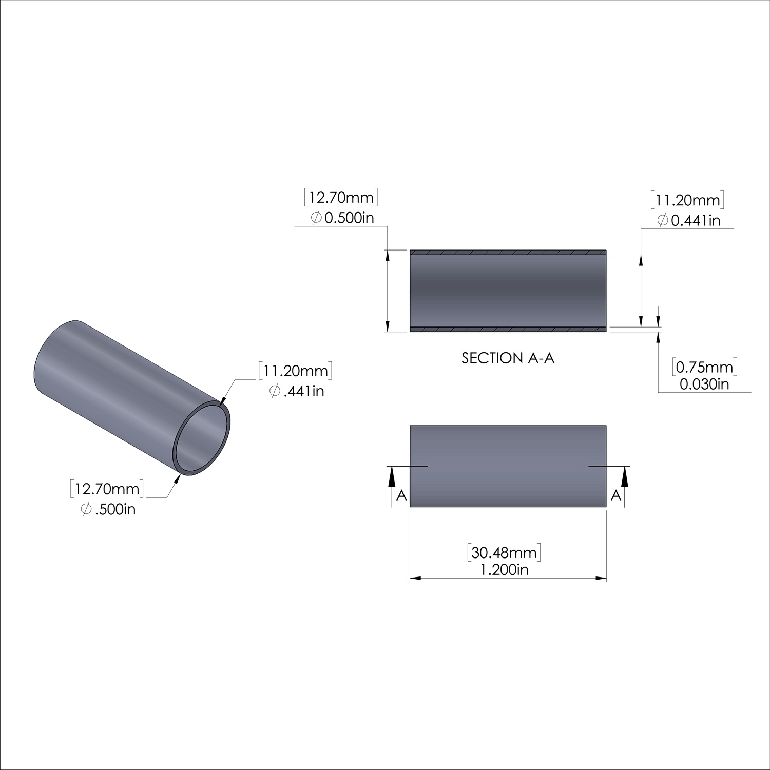 Aluminum Spacer 1/2'' OD x .441'' ID x 1.200'' Long, Plain Aluminum Finish