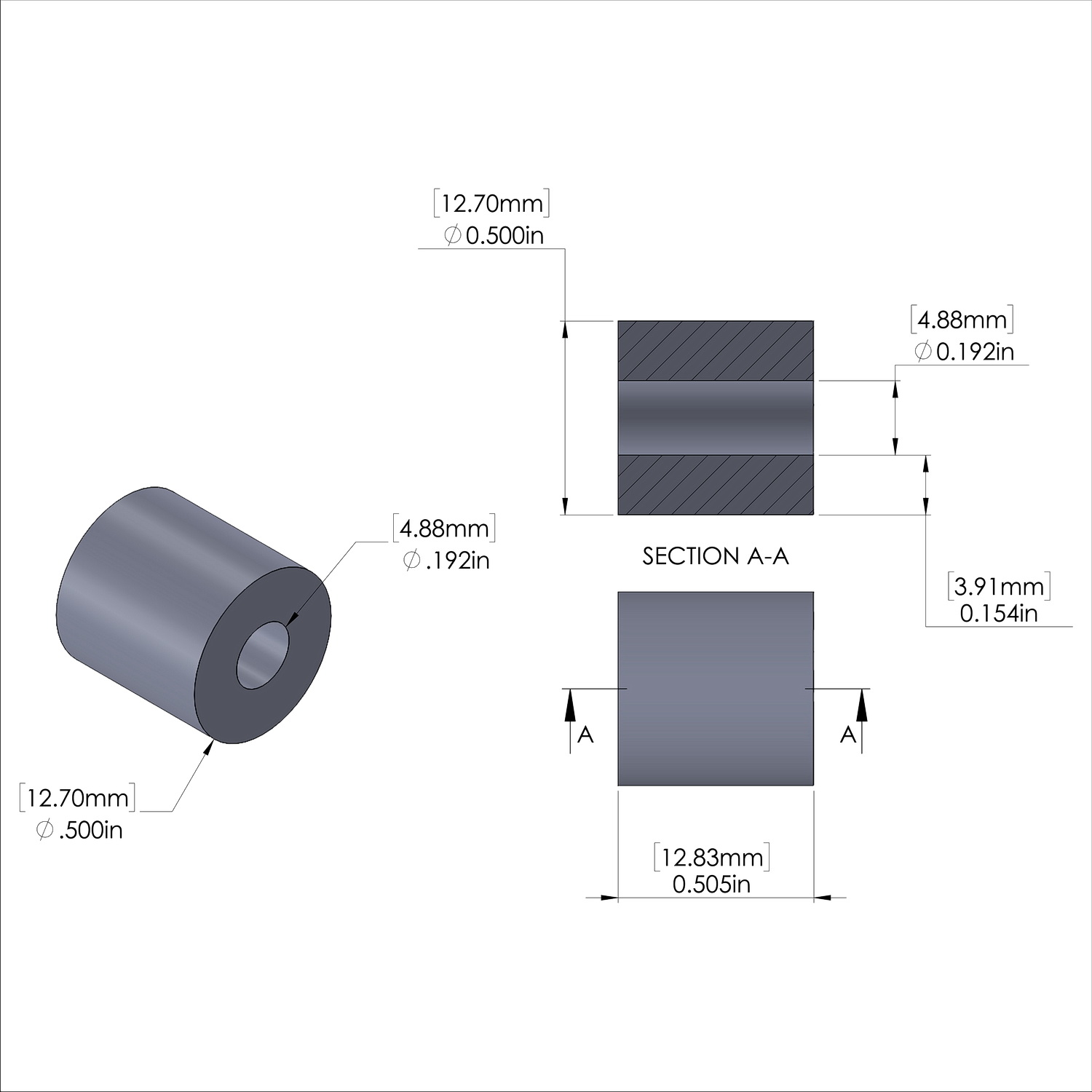 Aluminum Spacer 1/2'' OD x .192'' ID x .505'' Long, Plain Aluminum Finish