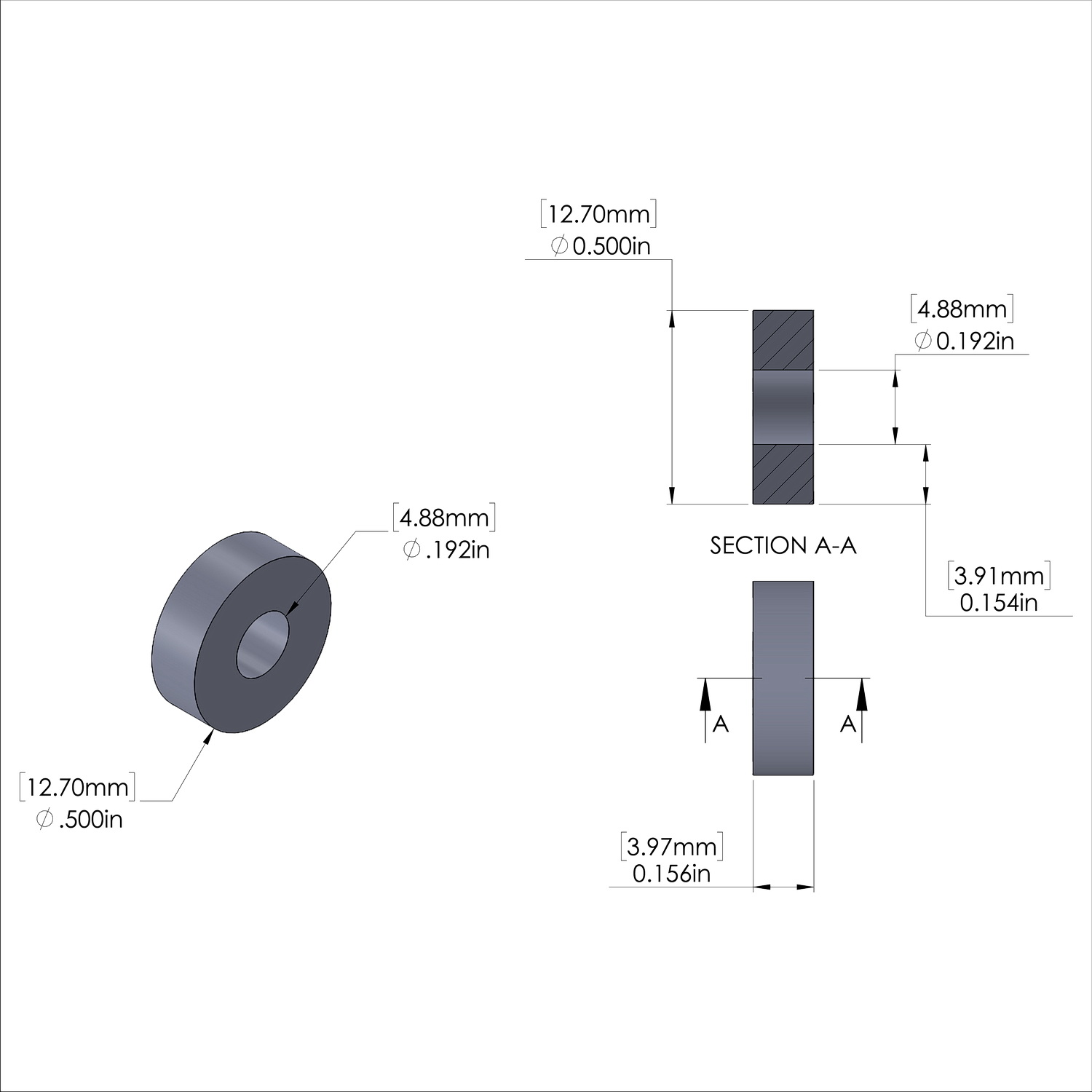 Aluminum Spacer 1/2'' OD x .192'' ID x 5/32'' Long