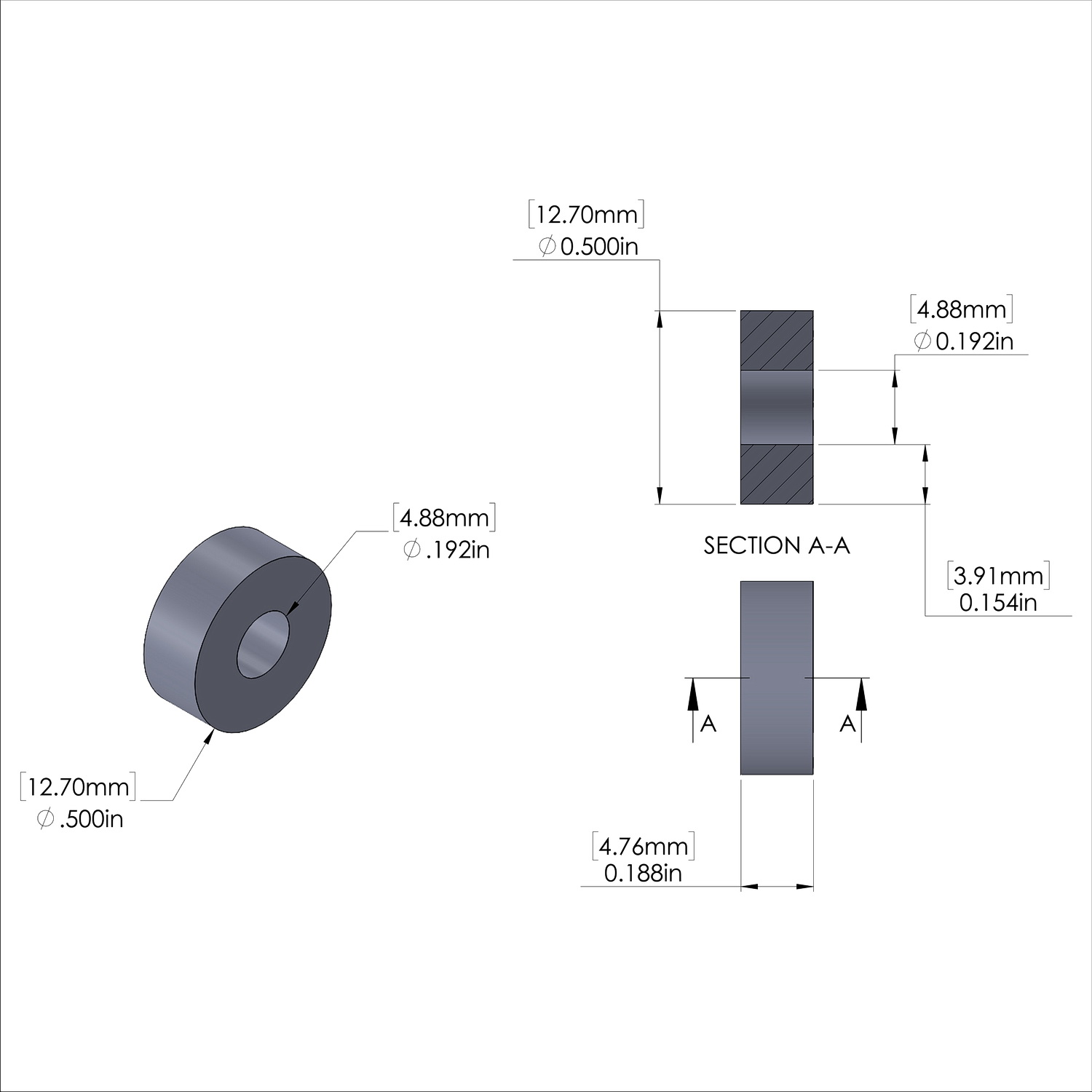 Aluminum Spacer 1/2'' OD x .192'' ID x 3/16'' Long - Black Anodized