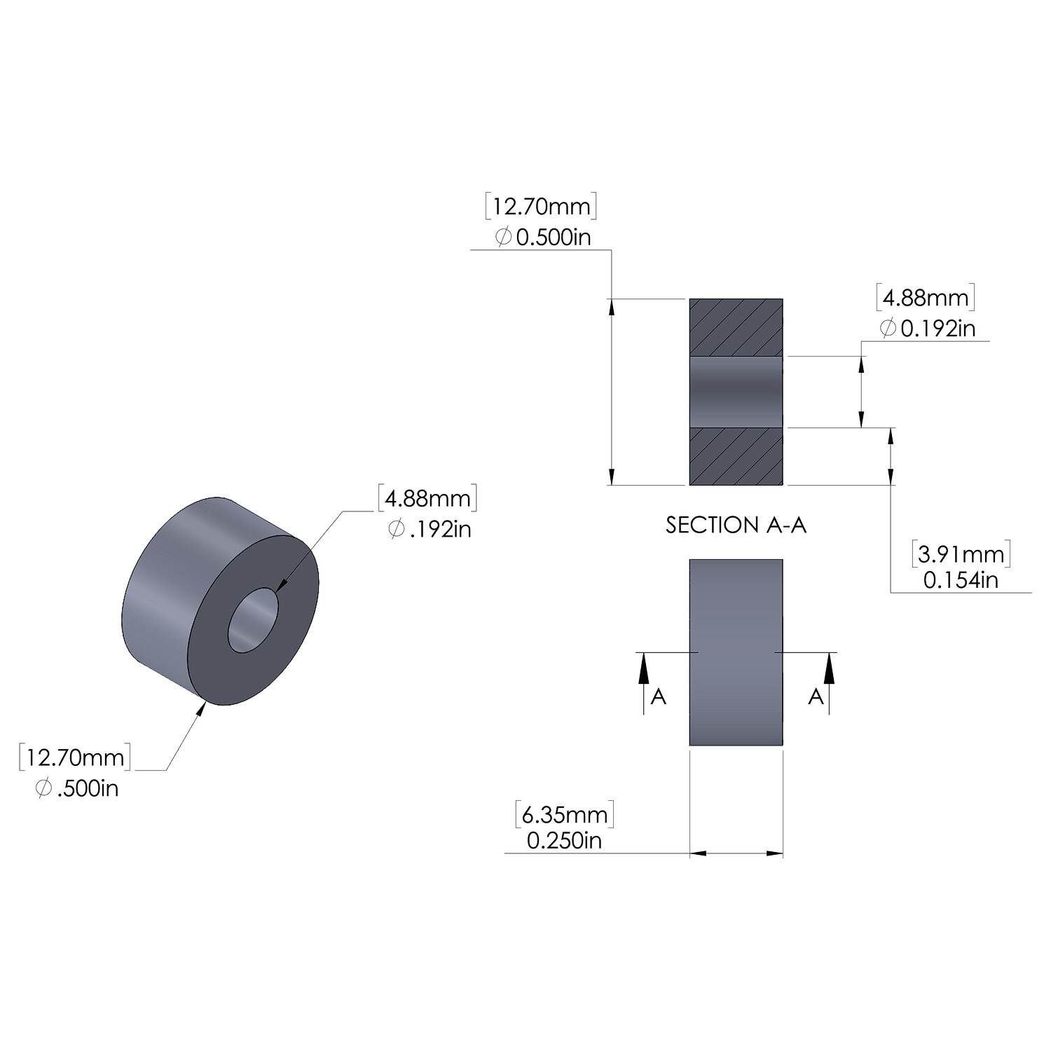 Aluminum Spacer 1/2'' OD x .192'' ID x 1/4'' Long, Black Anodized Finish