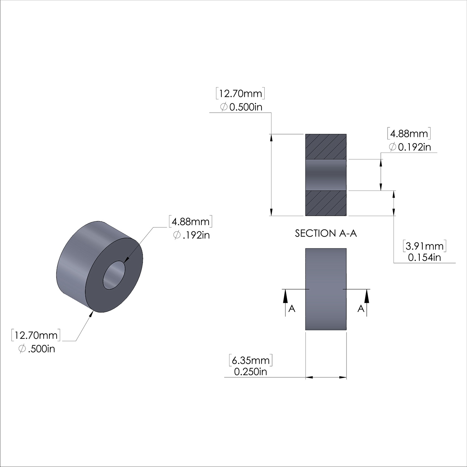 Aluminum Spacer 1/2'' OD x .192'' ID x 1/4'' Long, Plain Aluminum Finish