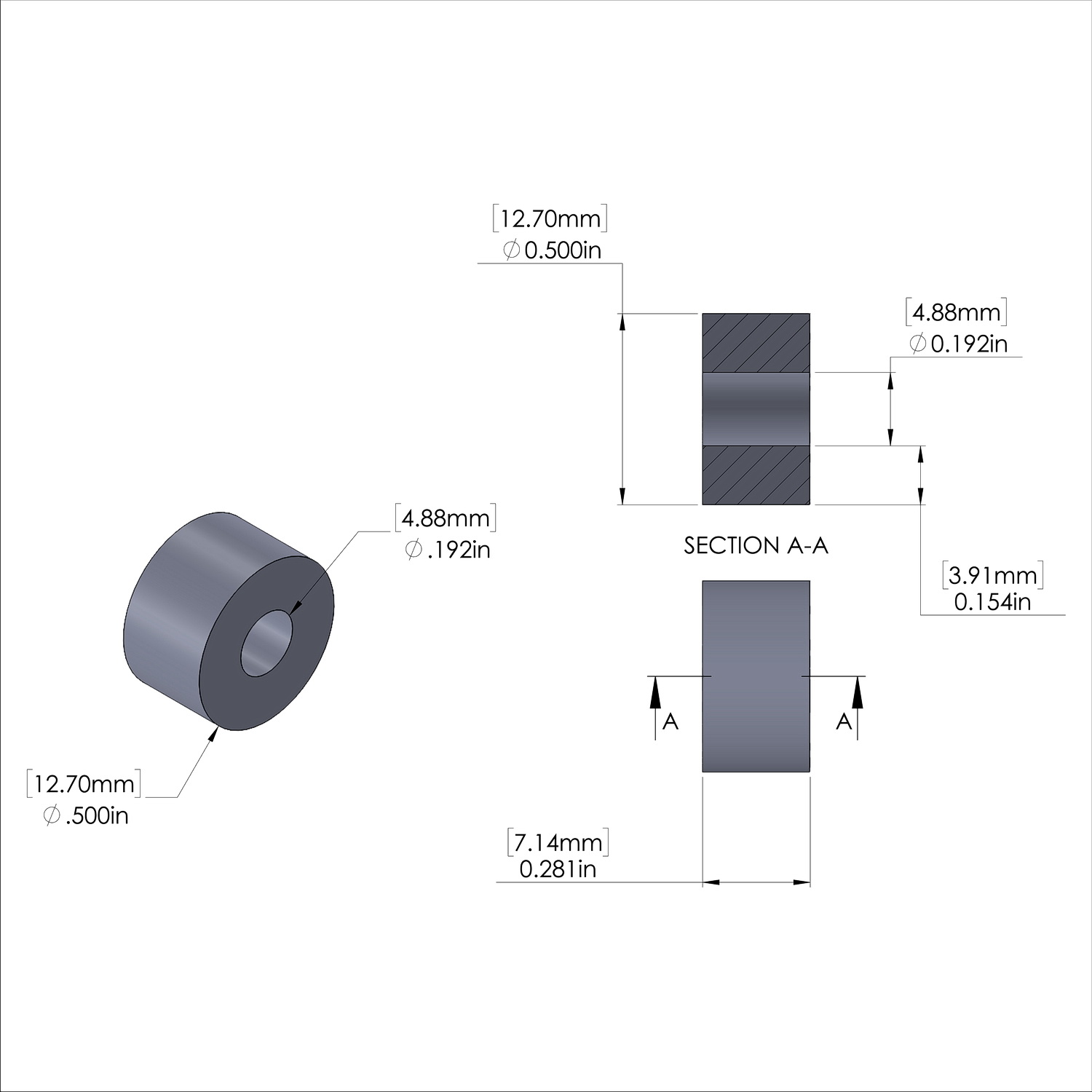Aluminum Spacer 1/2'' OD x .192'' ID x 9/32'' Long