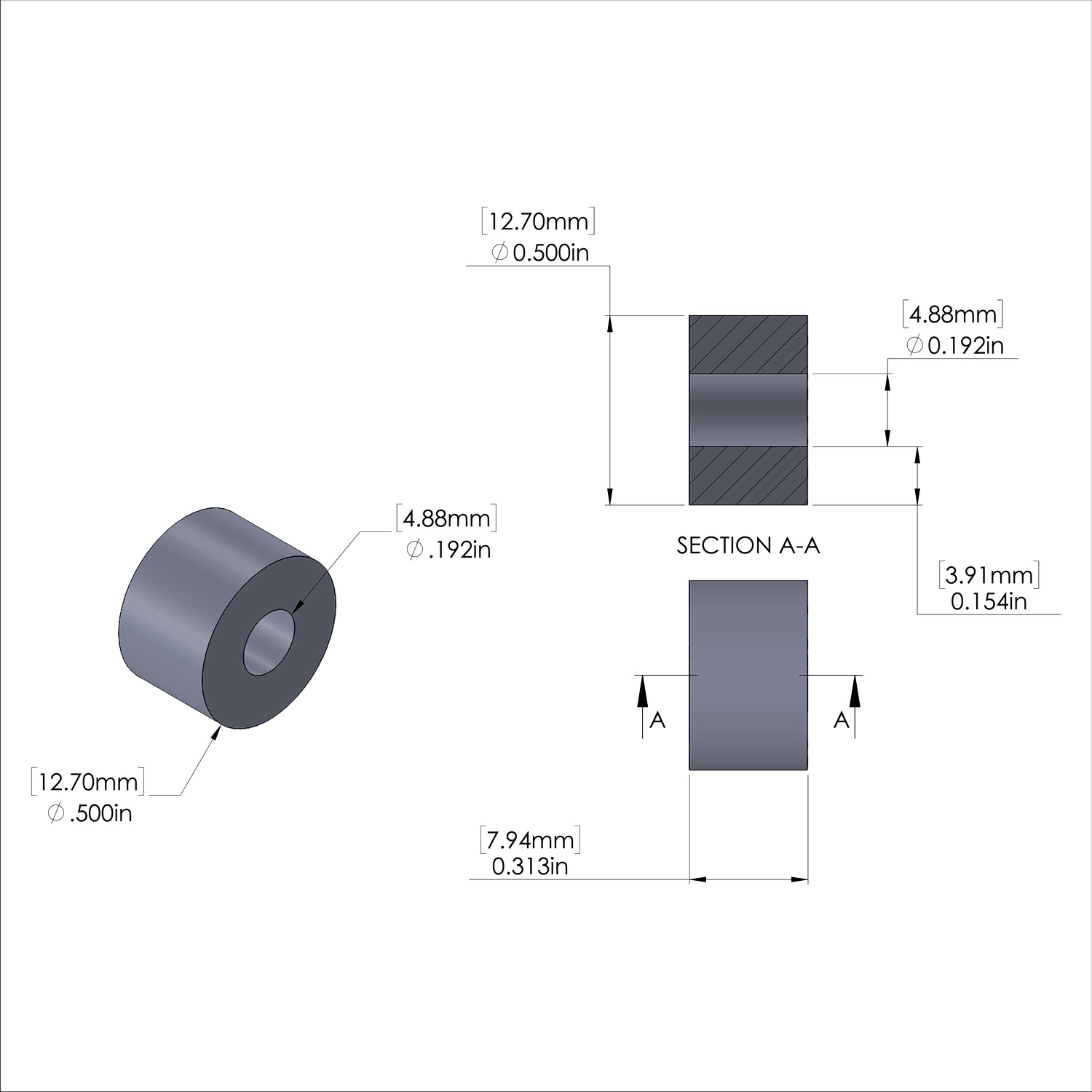 Aluminum Spacer 1/2'' OD x .192'' ID x 5/16'' Long - Black Anodized
