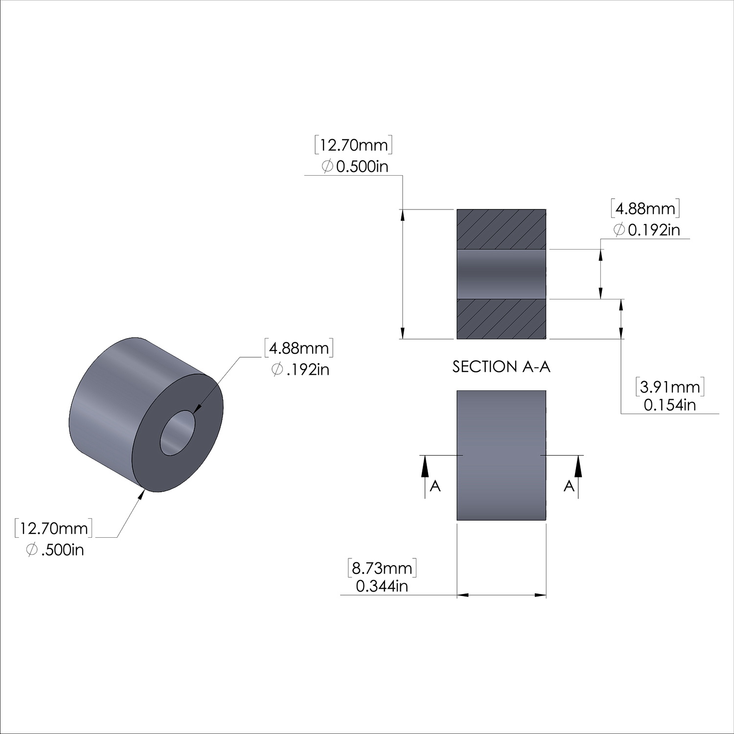 Aluminum Spacer 1/2'' OD x .192'' ID x 11/32'' Long