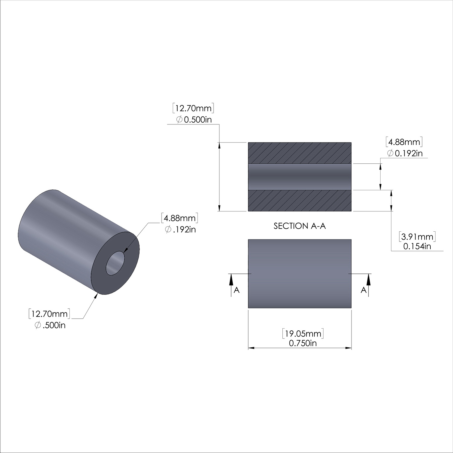 Aluminum Spacer 1/2'' OD x .192'' ID x 3/4'' Long - Black Anodized