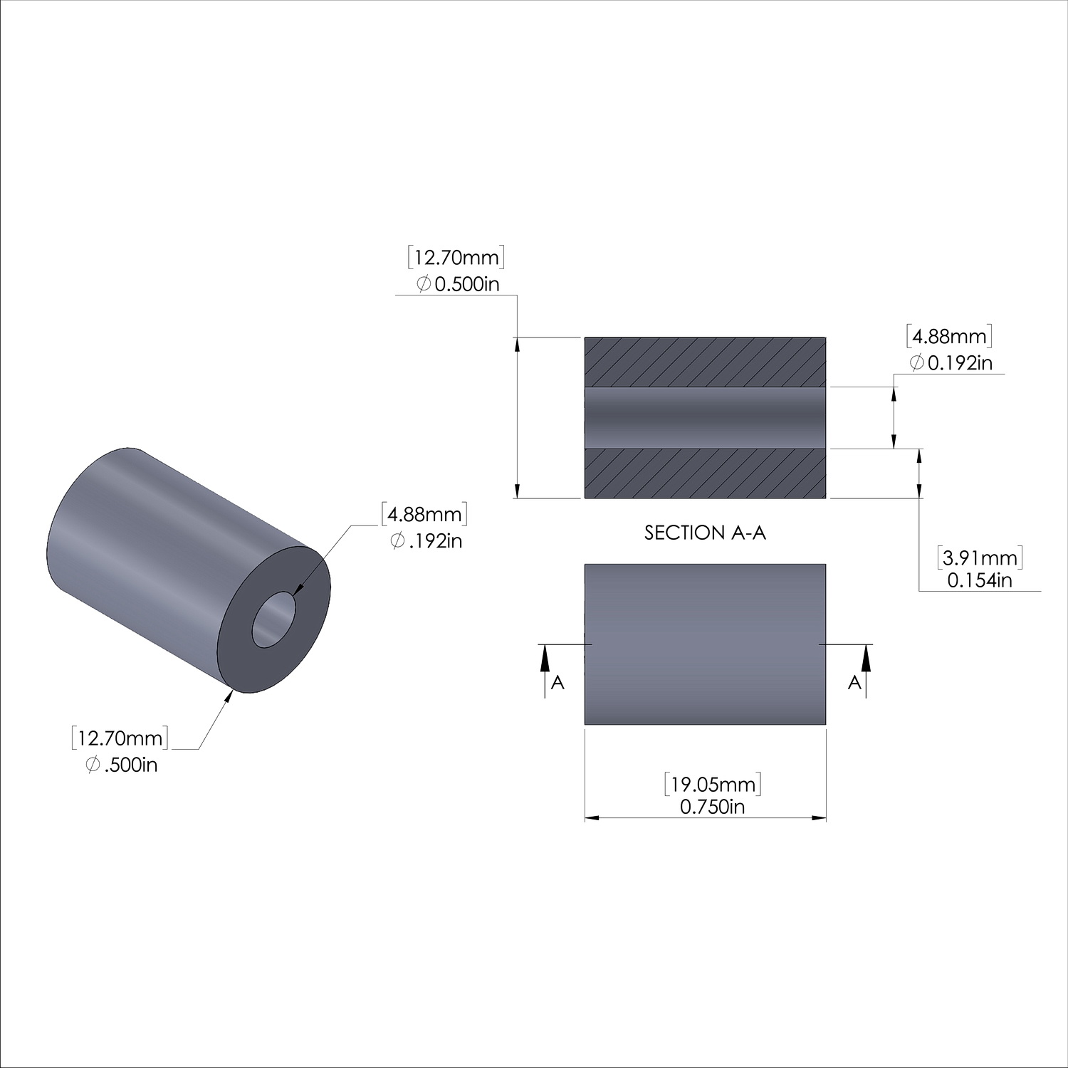 Aluminum Spacer 1/2'' OD x .192'' ID x 3/4'' Long