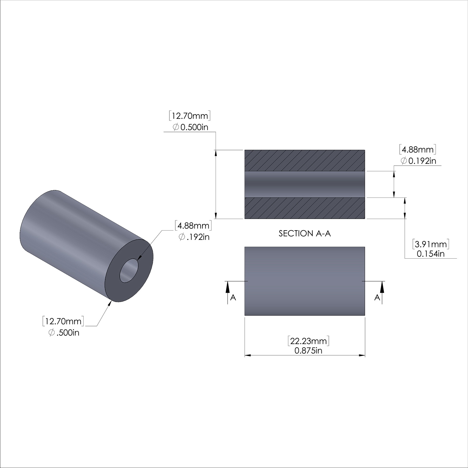 Aluminum Spacer 1/2'' OD x .192'' ID x 7/8'' Long - Black Anodized