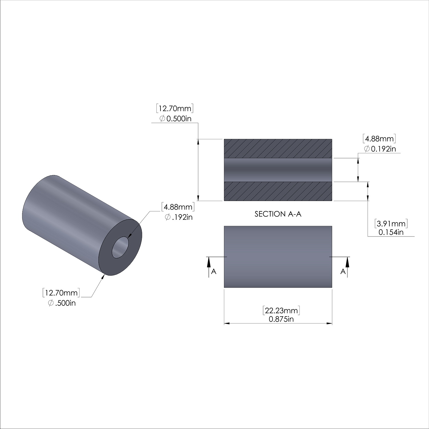 Aluminum Spacer 1/2'' OD x .192'' ID x 7/8'' Long