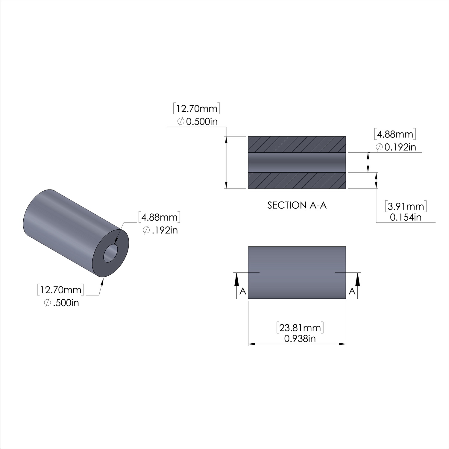 Aluminum Spacer 1/2'' OD x .192'' ID x 15/16'' Long