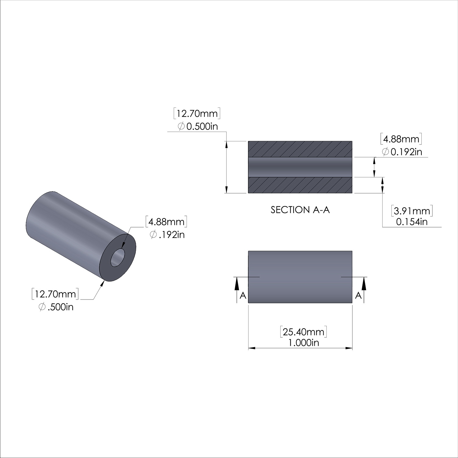Aluminum Spacer 1/2'' OD x .192'' ID x 1.000'' Long - Black Anodized