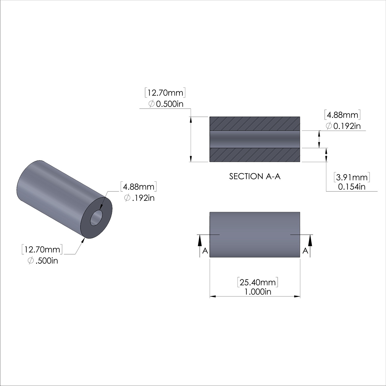 Aluminum Spacer 1/2'' OD x .192'' ID x 1.000'' Long