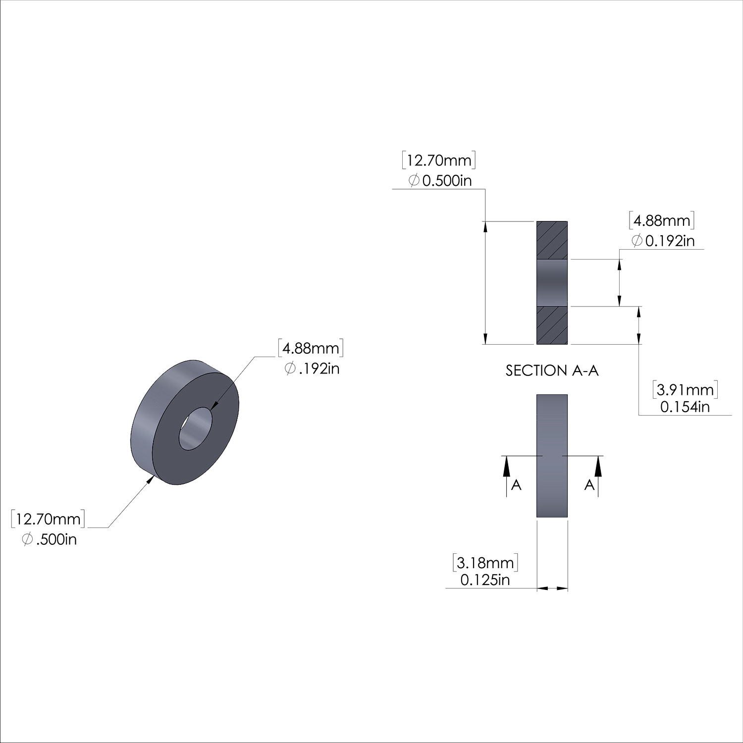 Aluminum Spacer 1/2'' OD x .192'' ID x 1/8'' Long
