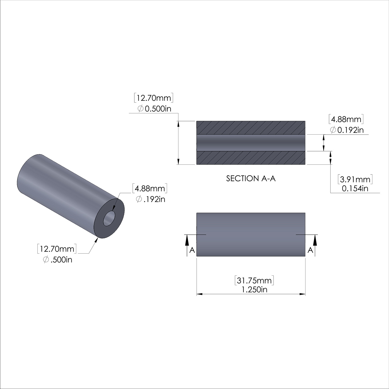 Aluminum Spacer 1/2'' OD x .192'' ID x 1-1/4'' Long, Plain Aluminum Finish