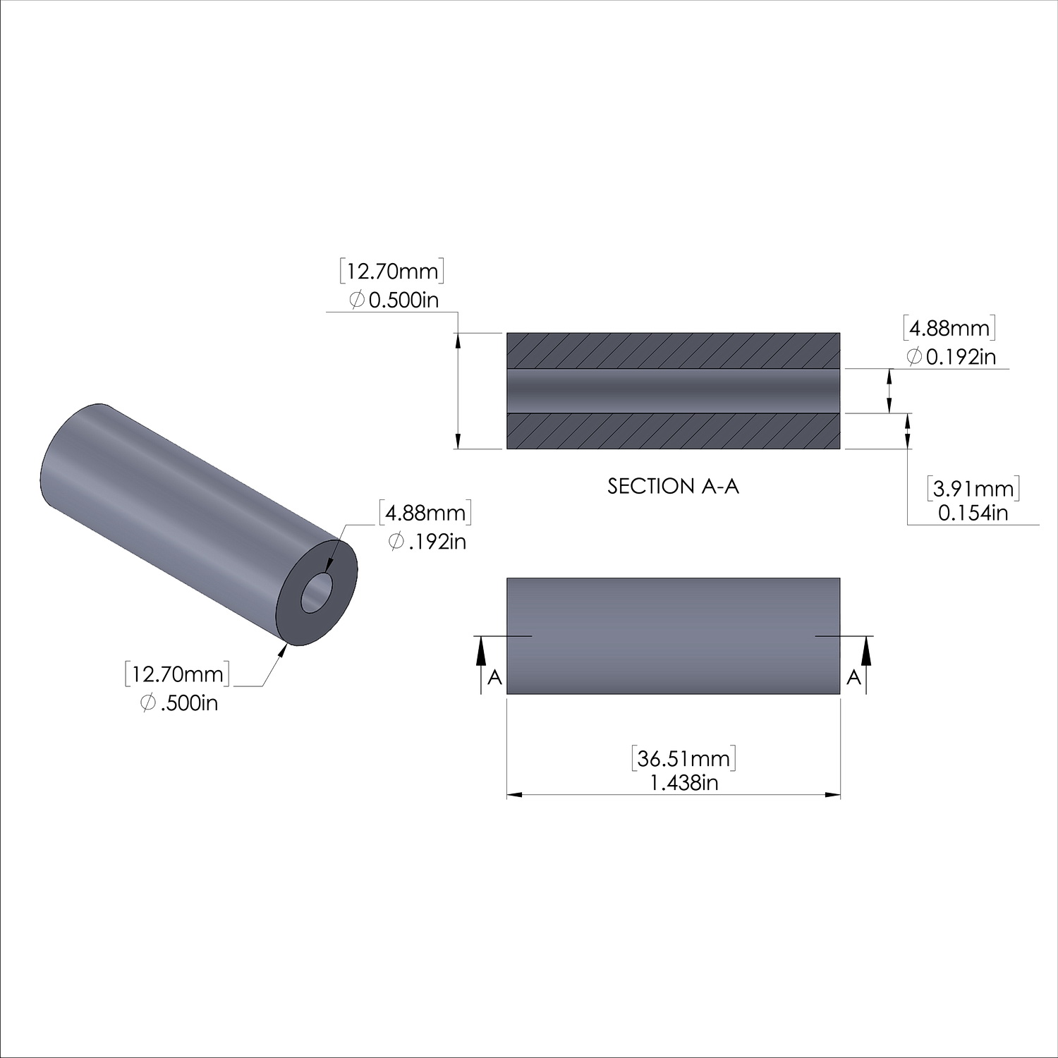 Aluminum Spacer 1/2'' OD x .192'' ID x 1-7/16'' Long