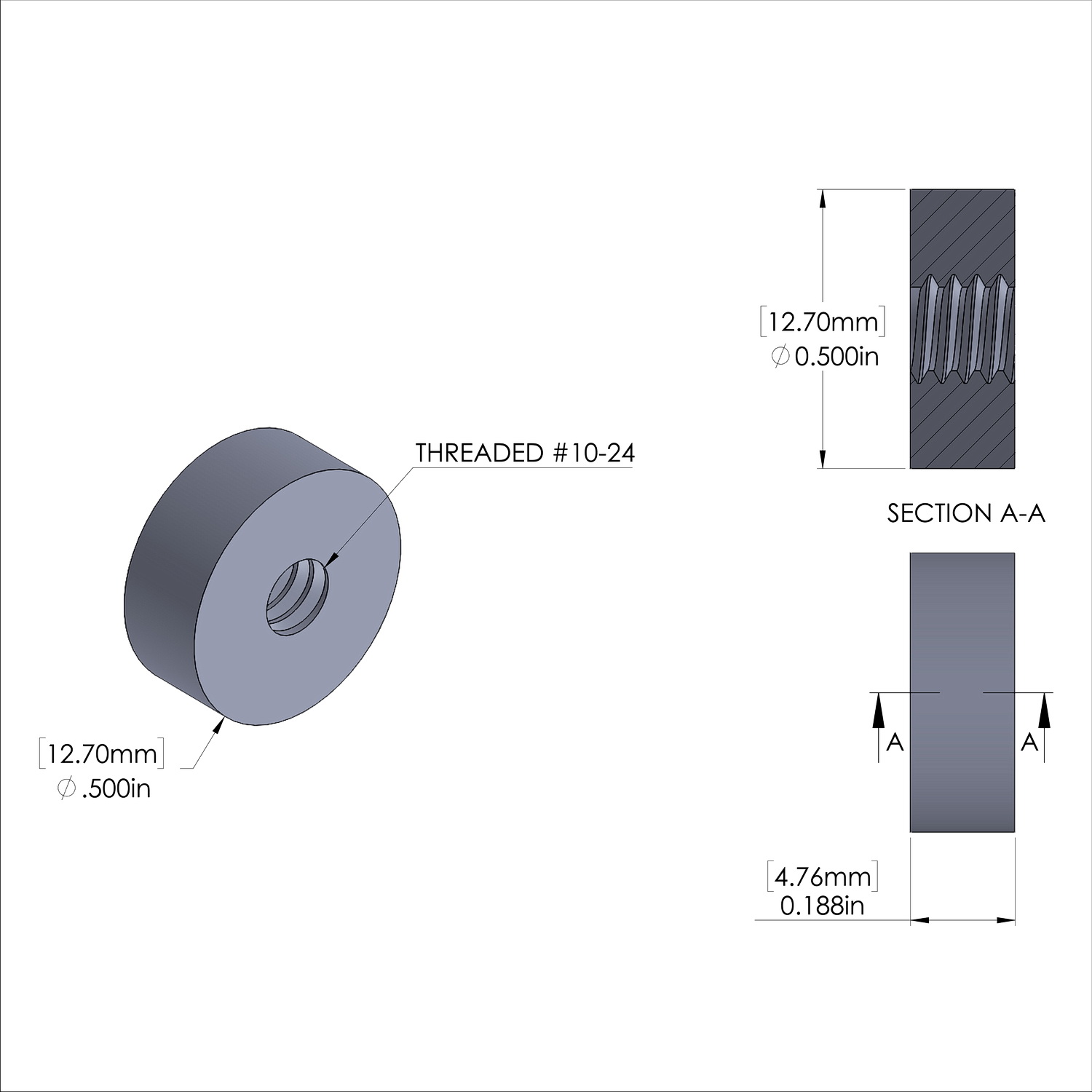 Aluminum Standoff 1/2'' OD x 10-24 Thread x 3/16'' Long