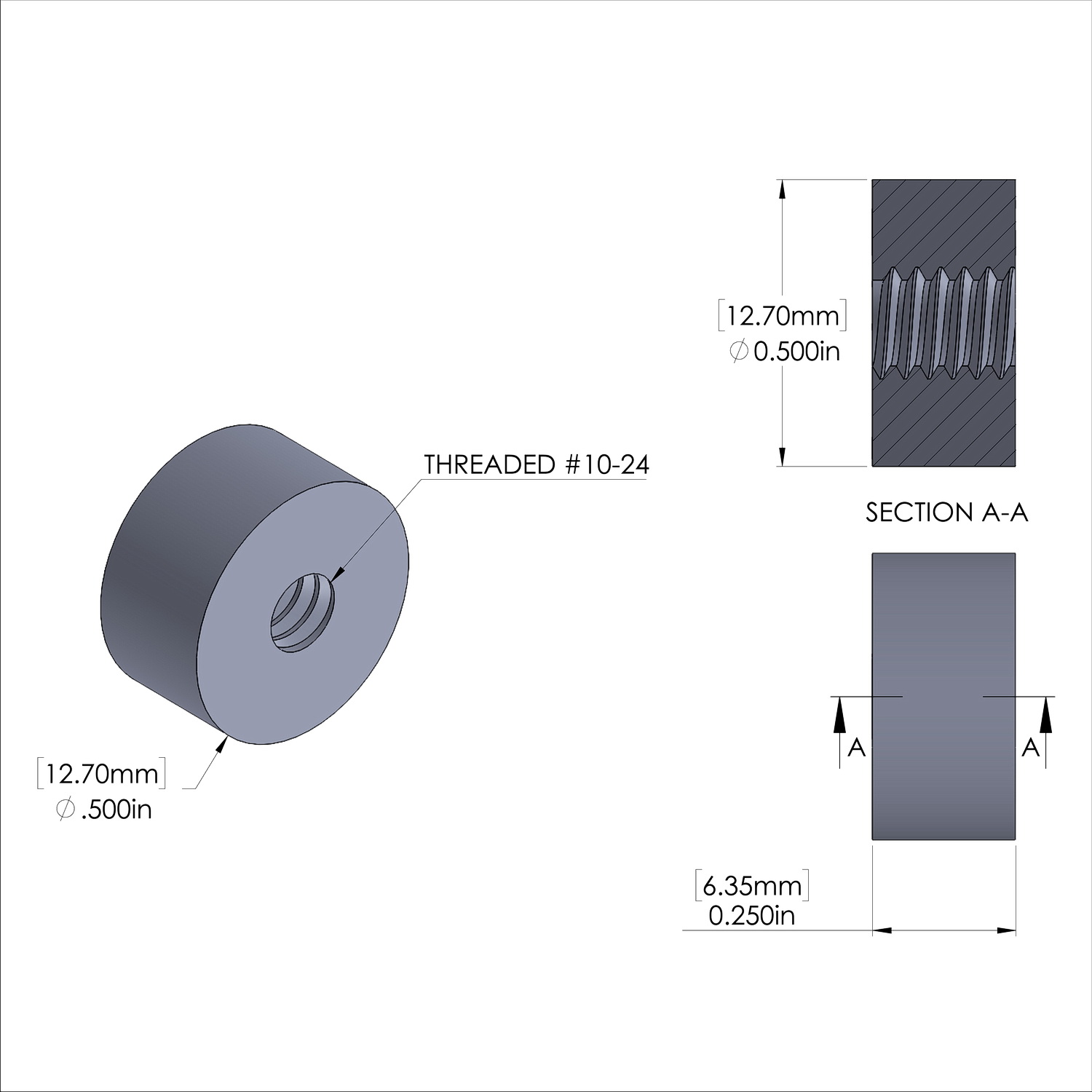 Aluminum Standoff 1/2'' OD x 10-24 Thread x 1/4'' Long