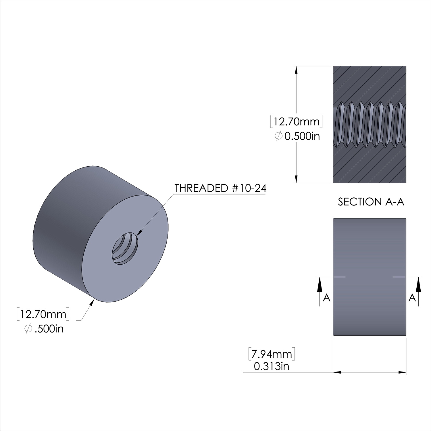 Aluminum Standoff 1/2'' OD x 10-24 Thread x 5/16'' Long
