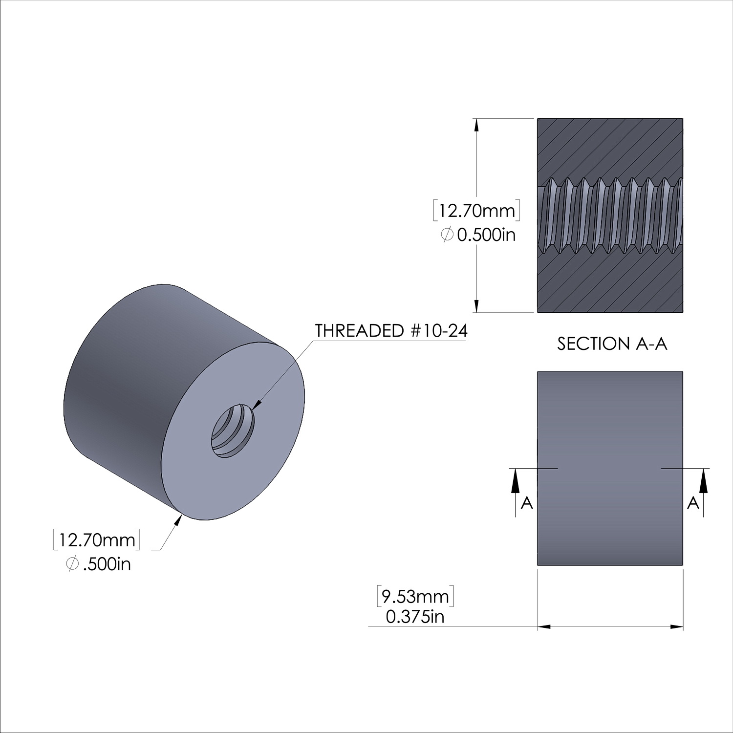 Aluminum Standoff 1/2'' OD x 10-24 Thread x 3/8'' Long, Plain Aluminum Finish