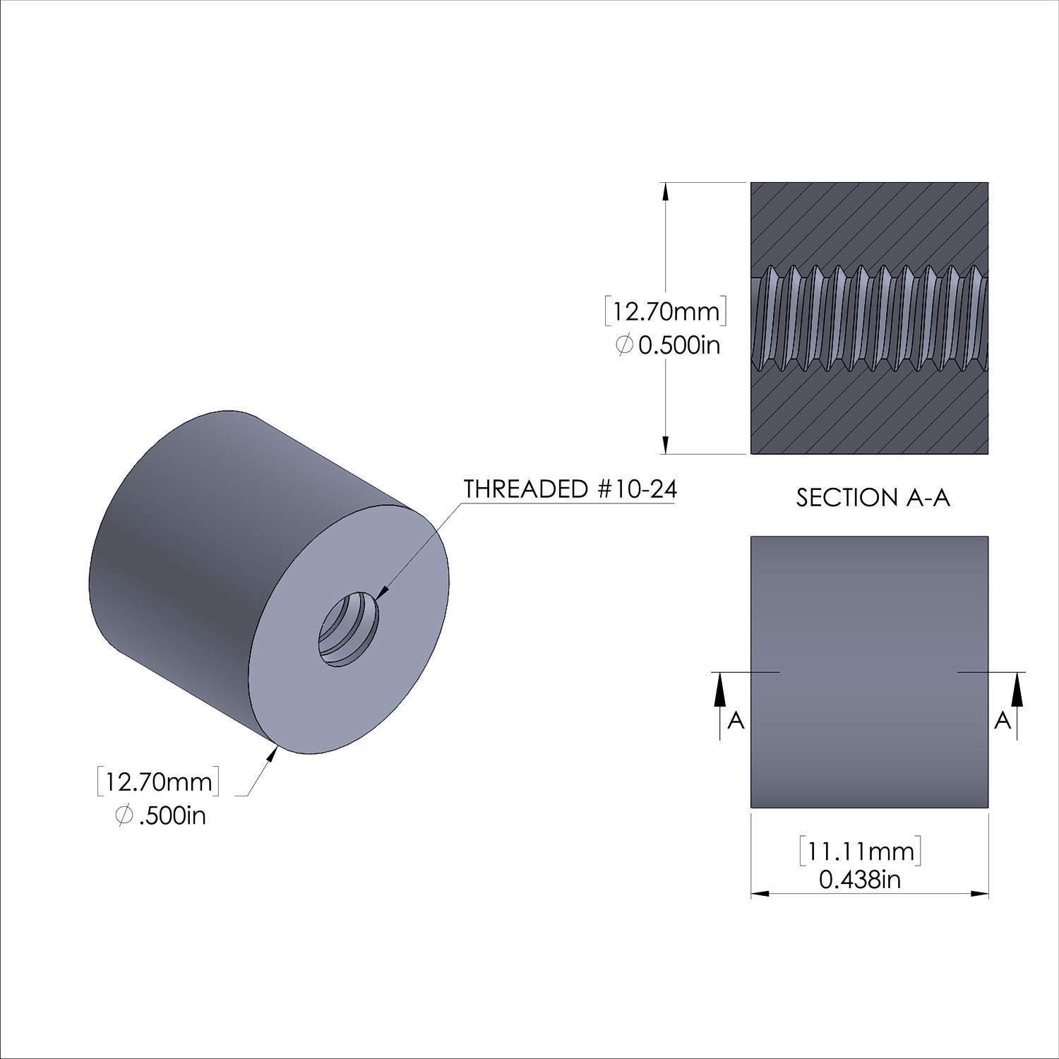 Aluminum Standoff 1/2'' OD x 10-24 Thread x 7/16'' Long