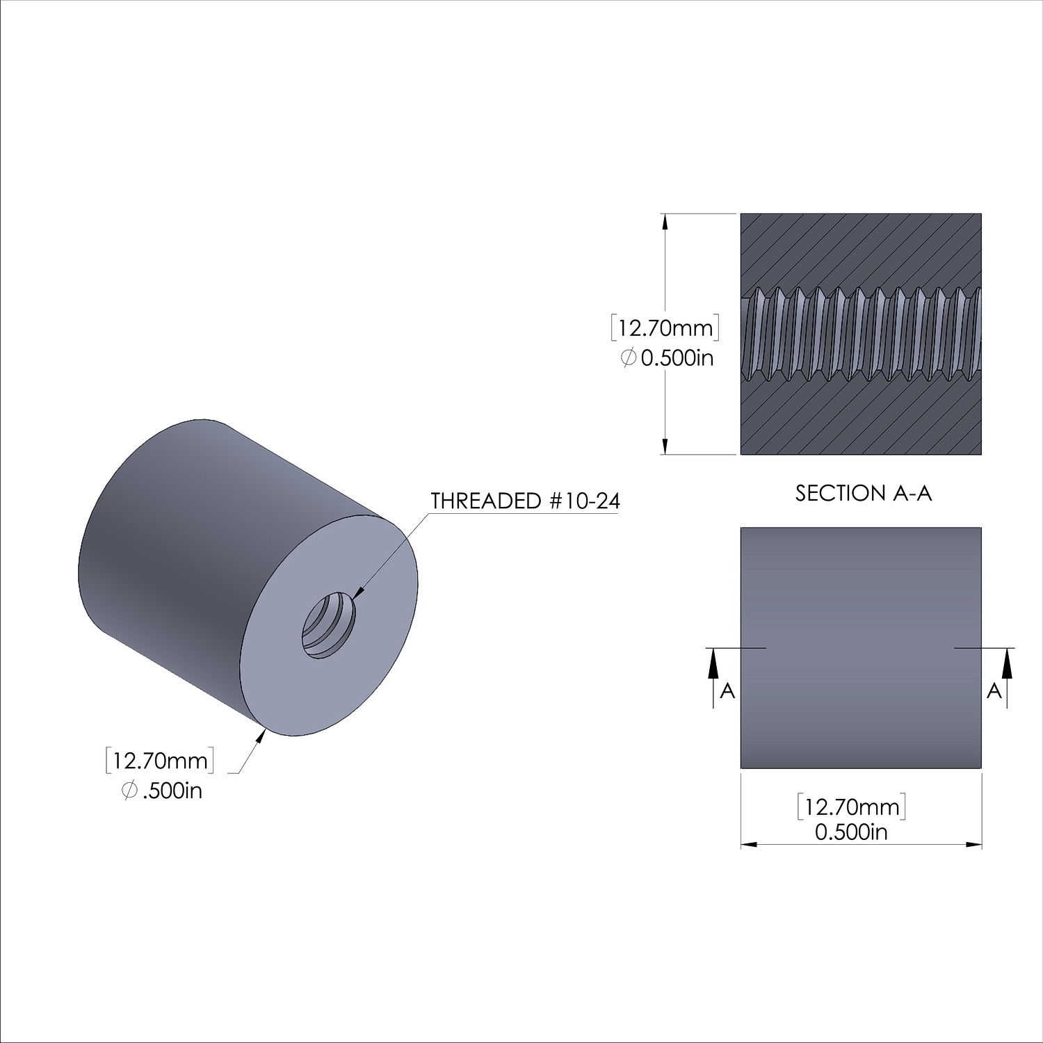 Aluminum Standoff 1/2'' OD x 10-24 Thread x 1/2'' Long