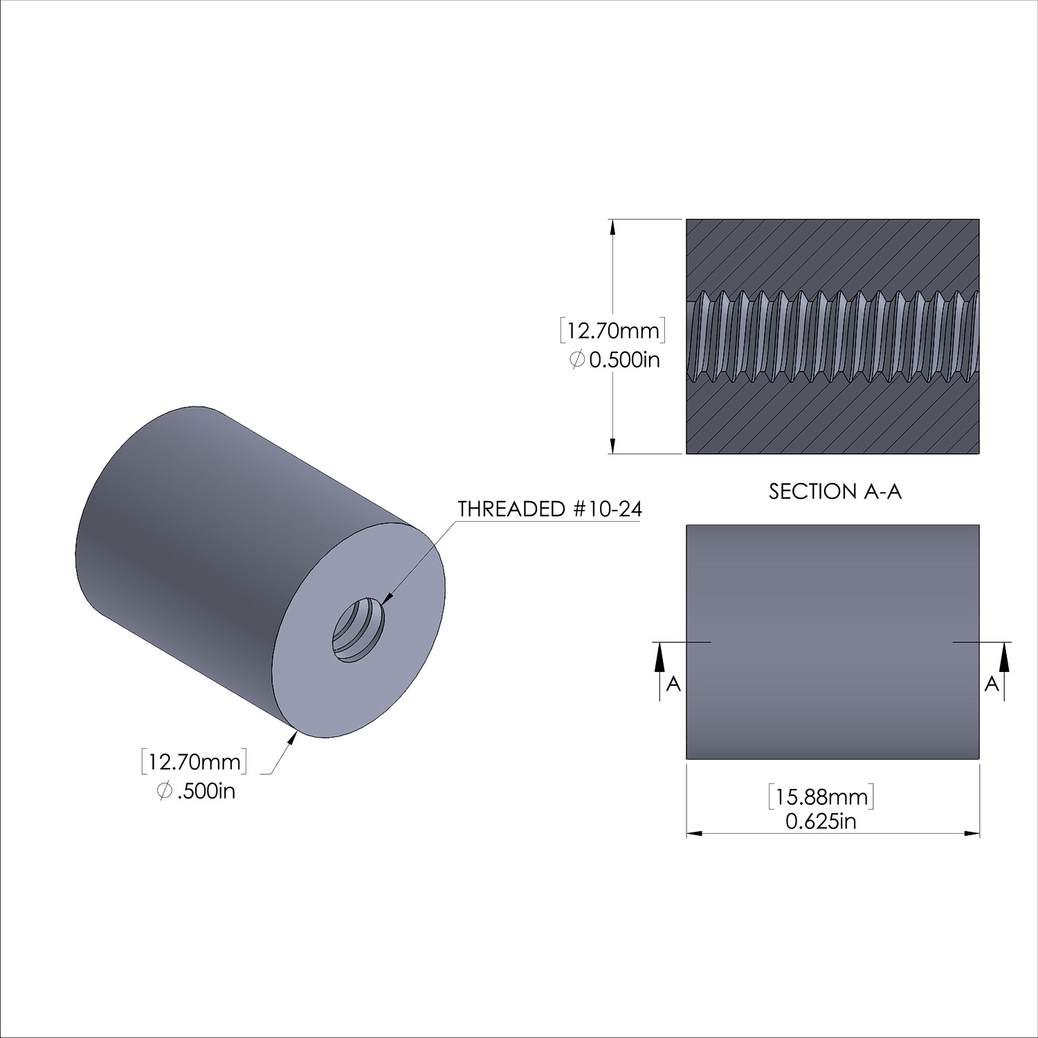 Aluminum Standoff 1/2'' OD x 10-24 Thread x 5/8'' Long, Black Anodized Finish