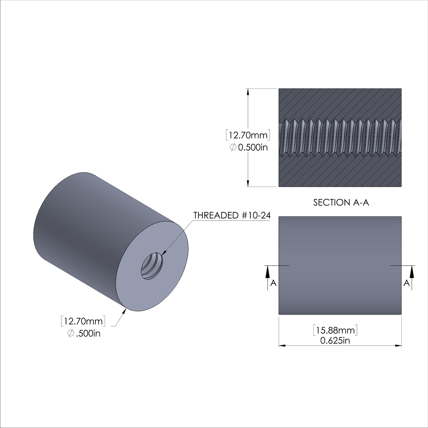 Aluminum Standoff 1/2'' OD x 10-24 Thread x 5/8'' Long
