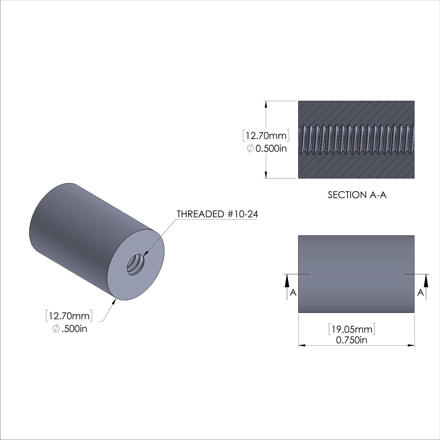 Aluminum Standoff 1/2'' OD x 10-24 Thread x 3/4'' Long, Plain Aluminum Finish