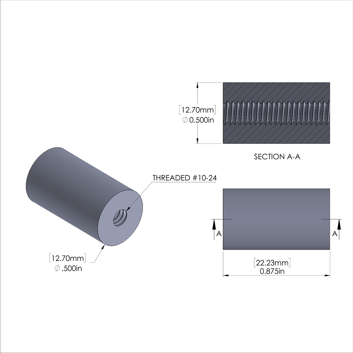 Aluminum Standoff 1/2'' OD x 10-24 Thread x 7/8'' Long
