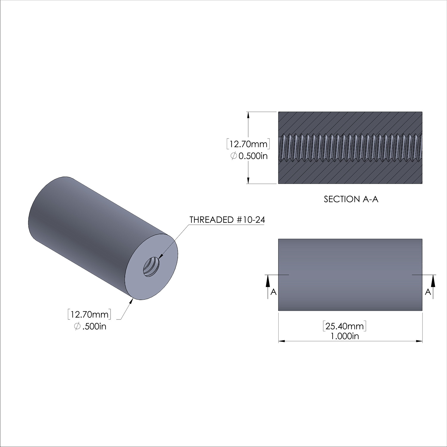 Aluminum Standoff 1/2'' OD x 10-24 Thread x 1'' Long