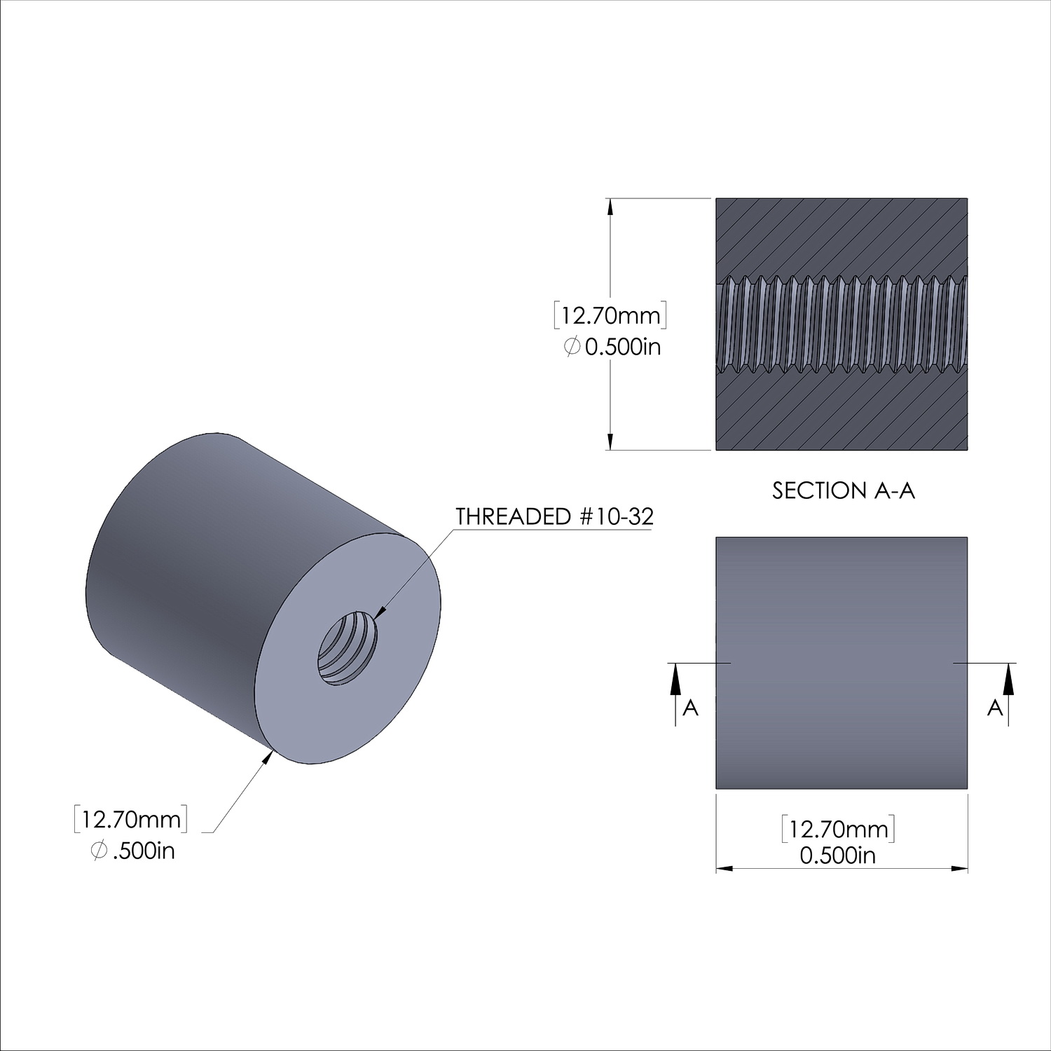 Aluminum Standoff 1/2'' OD x 10-32 Thread x 1/2'' Long-Black Anodized