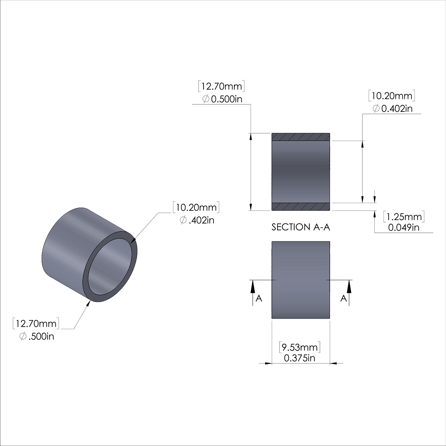 Aluminum Spacer 1/2'' OD x 10.2mm ID x 3/8'' Long