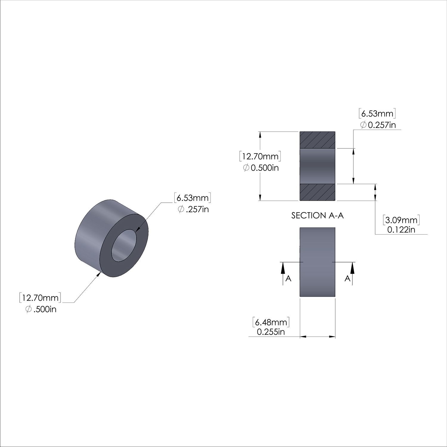 Aluminum Spacer 1/2'' OD x .257'' ID x .255'' Long