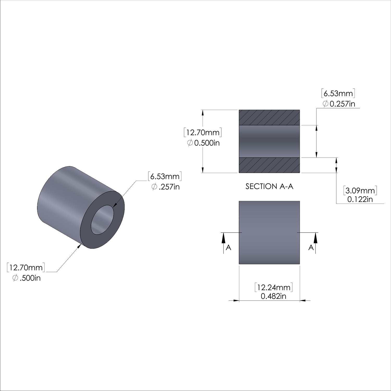 Aluminum Spacer 1/2'' OD x .257'' ID x .482'' Long, Plain Aluminum Finish