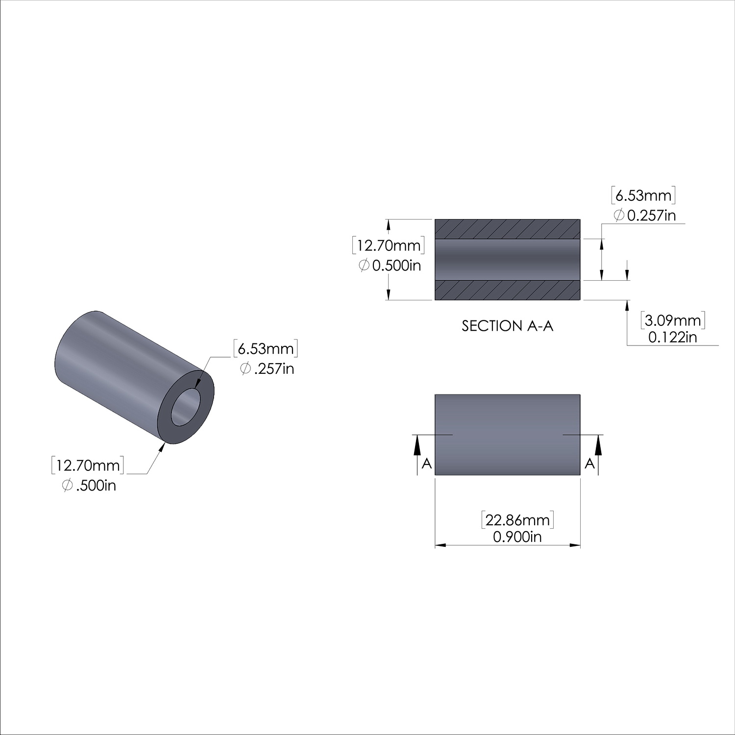 Aluminum Spacer 1/2'' OD x .257'' ID x .900'' Long, Plain Aluminum Finish