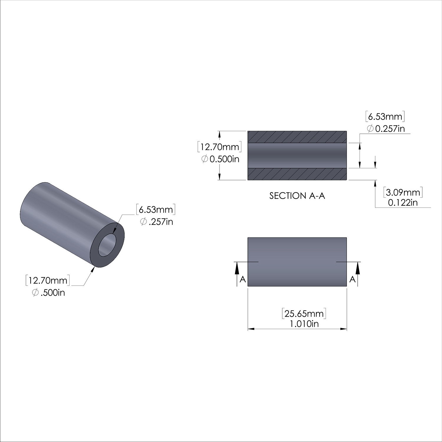 Aluminum Spacer 1/2'' OD x .257'' ID x 1.010'' Long, Plain Aluminum Finish