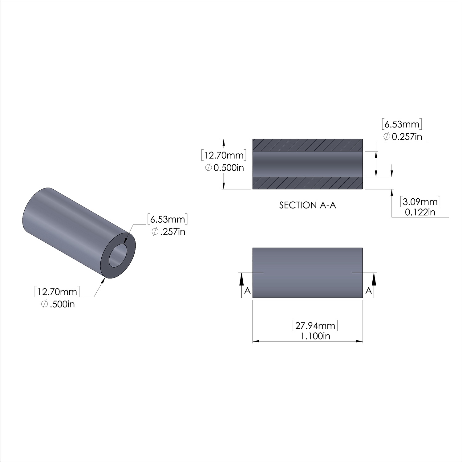 Aluminum Spacer 1/2'' OD x .257'' ID x 1.100'' Long